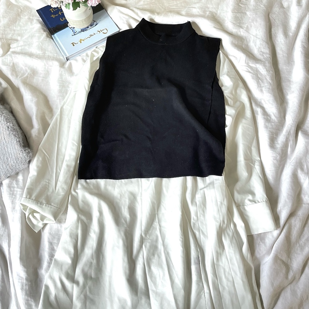 Women's autumn style dress set: Black Sweater + white shirt dress